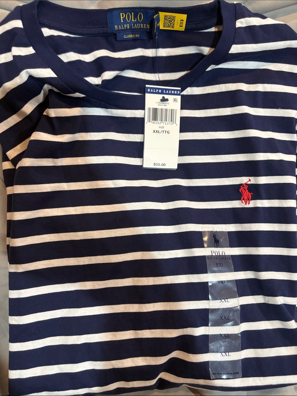 Polo by Ralph Lauren Navy & White Striped Short Sleeve Tee with Red Pony